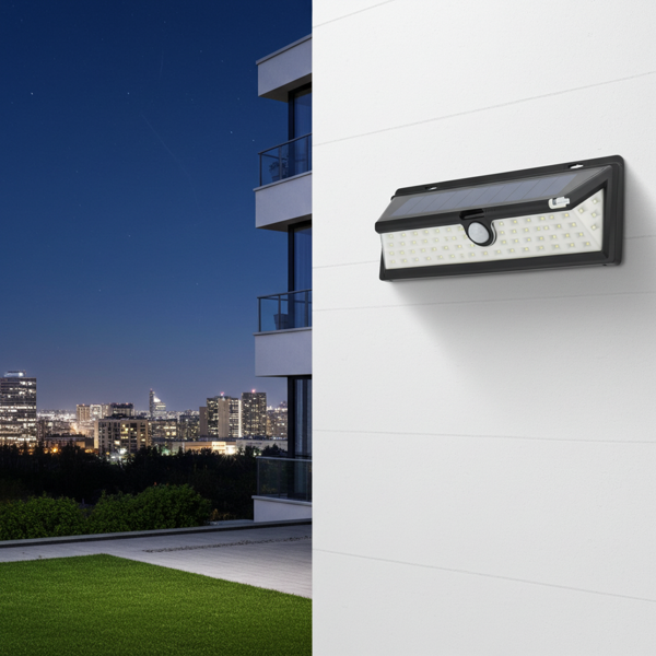 Moderne Wandleuchte, mit Solarpanel, PIR Bewegungs-Sensor, 66 helle LEDs, 800 Lumen, 13,2 Watt, IP44, inkl. Montagematerial