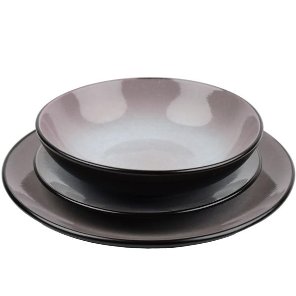 Modernes Design-Geschirr-Set aus hochwertigem Steingut, 18-teilig, in stilvollem Taupe/Schwarz, robust, spülmaschinen- & mikrowellengeeignet
