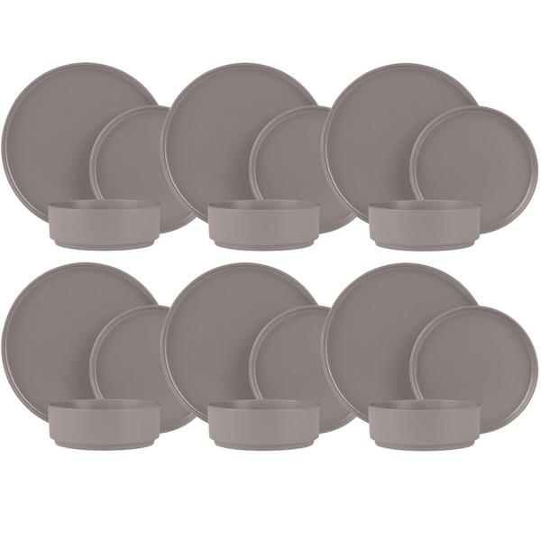 18-tlg. Steingut Design Geschirrset, Stapelbar, Taupe Matt: Speise-, Dessertteller, Schalen, edles & platzsparendes Tafelservice, modern und stilvoll