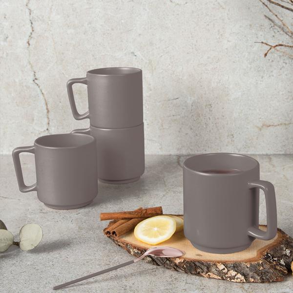 Design Tassen Steingut 4er-Set - 300ml - taupe, mikrowellenfest & spülmaschinenfest - stapelbar, robust für Kaffee, Tee & Kakao - hochwertiges Steinzeug
