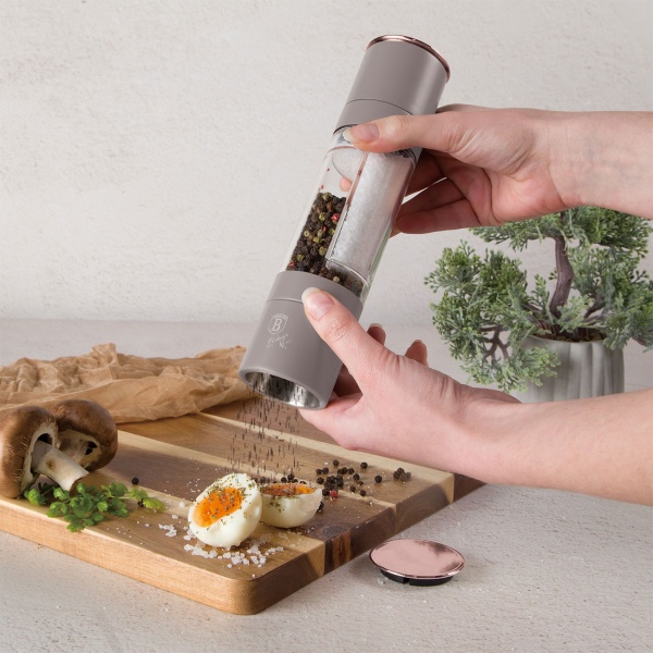 2in1 Salz- & Pfeffermühle: matt taupe, Designer Gewürzmühle - Stilvoll & Praktisch – Mahlt Salz & Pfeffer gleichzeitig - Blickfang für jede Küche