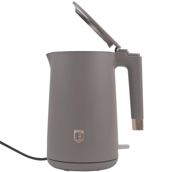 Designer Wasserkocher, 1800W, taupe matt, Edelstahl, 1.7L – Doppelwandig, 360° Drehsockel, Boil-Dry Schutz, Elegantes Küchengerät