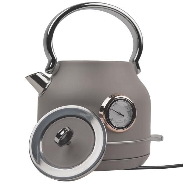 Trendiger Design Wasserkocher aus Edelstahl inkl. Thermometer, 1,7 l, 2200 W, taupe, Filter herausnehmbar, Anzeige für Wasserstand