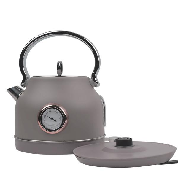 Trendiger Design Wasserkocher aus Edelstahl inkl. Thermometer, 1,7 l, 2200 W, taupe, Filter herausnehmbar, Anzeige für Wasserstand