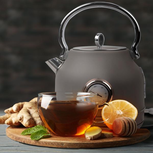 Trendiger Design Wasserkocher aus Edelstahl inkl. Thermometer, 1,7 l, 2200 W, taupe, Filter herausnehmbar, Anzeige für Wasserstand