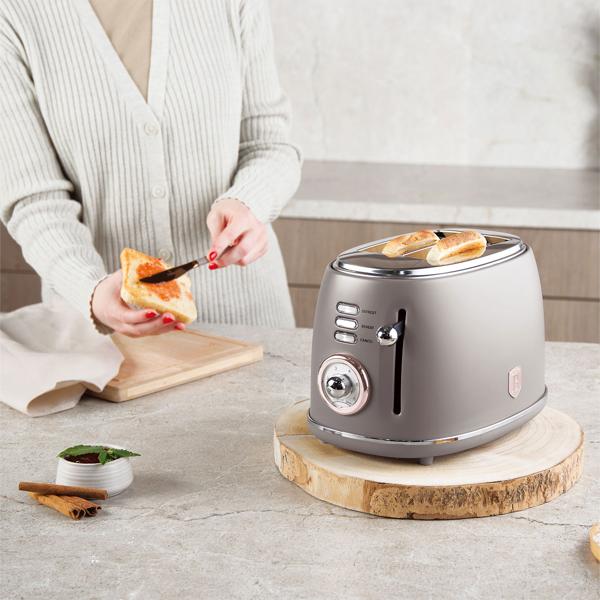 Edler Aluminium Design Toaster, taupe matt, starke 850W – 6 Röststufen, nostalgischer Look, hochwertiger Frühstücks-Toaster