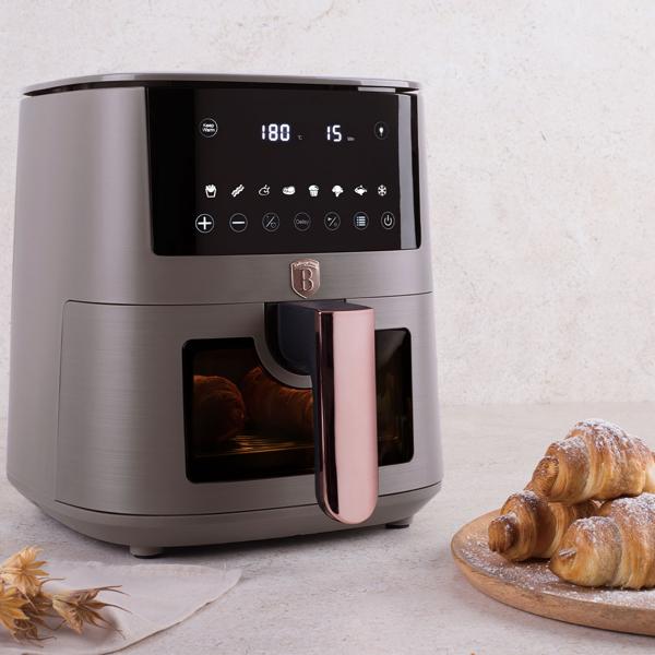 Hochwertige Design Heissluftfritteuse mit Sichtfenster, 5 Liter, taupe, LED-Touch-Display, Air Fryer mit 8 Kochprogrammen und Warmhaltefunktion