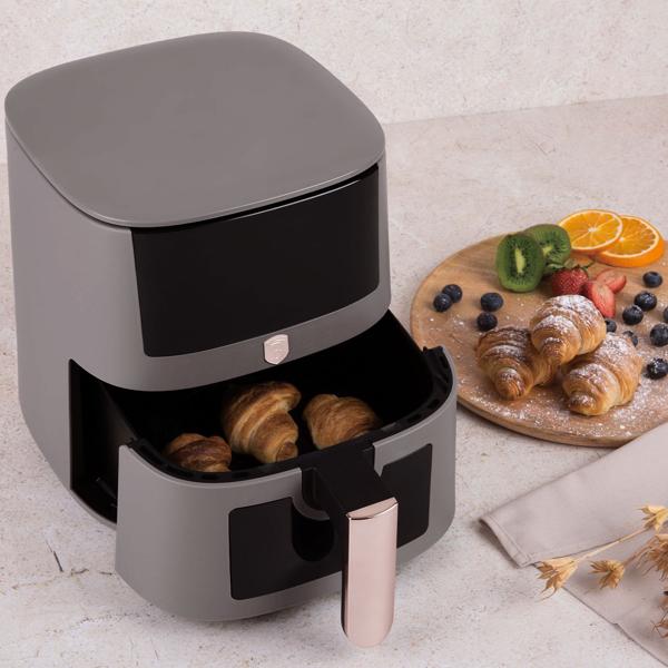 Hochwertige Design Heissluftfritteuse mit Sichtfenster, 5 Liter, taupe, LED-Touch-Display, Air Fryer mit 8 Kochprogrammen und Warmhaltefunktion