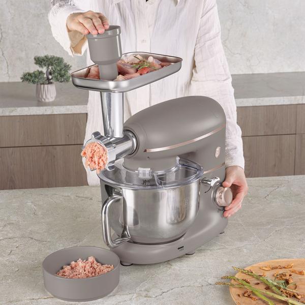 Vintage Küchenmaschine inkl. Fleischwolf u. Wurstfüller, Smoothie- u. Pasta-Aufsätze, angenehme 5,5 l Rührschüssel, 1500W, taupe
