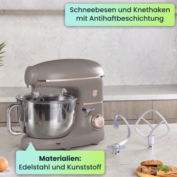 Vintage Küchenmaschine inkl. Fleischwolf u. Wurstfüller, Smoothie- u. Pasta-Aufsätze, angenehme 5,5 l Rührschüssel, 1500W, taupe
