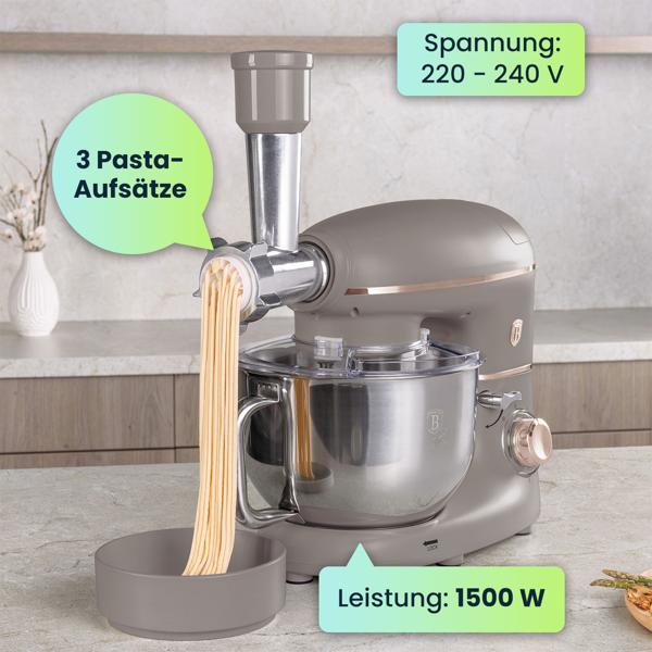 Vintage Küchenmaschine inkl. Fleischwolf u. Wurstfüller, Smoothie- u. Pasta-Aufsätze, angenehme 5,5 l Rührschüssel, 1500W, taupe