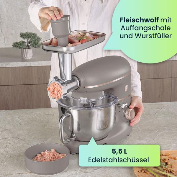Vintage Küchenmaschine inkl. Fleischwolf u. Wurstfüller, Smoothie- u. Pasta-Aufsätze, angenehme 5,5 l Rührschüssel, 1500W, taupe