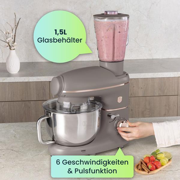 Vintage Küchenmaschine inkl. Fleischwolf u. Wurstfüller, Smoothie- u. Pasta-Aufsätze, angenehme 5,5 l Rührschüssel, 1500W, taupe