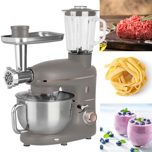 Vintage Küchenmaschine inkl. Fleischwolf u. Wurstfüller, Smoothie- u. Pasta-Aufsätze, angenehme 5,5 l Rührschüssel, 1500W, taupe