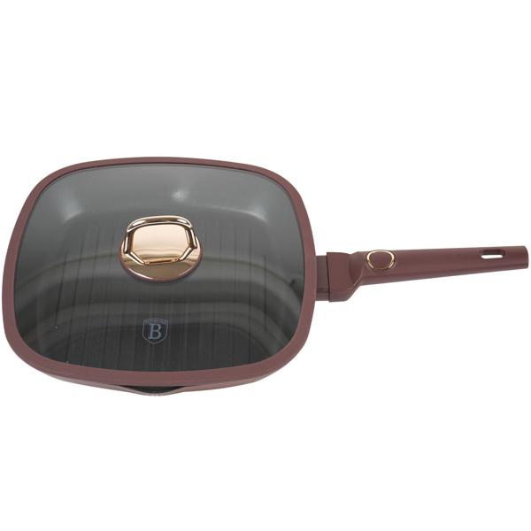 Design-Grillpfanne, 28cm, bordeaux/roségold – Titanbeschichtung, Glasdeckel, Aluminium, PFOA-frei, hochwertig verarbeitet 