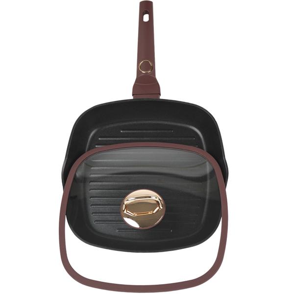 Design-Grillpfanne, 28cm, bordeaux/roségold – Titanbeschichtung, Glasdeckel, Aluminium, PFOA-frei, hochwertig verarbeitet 