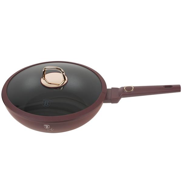 Design Wokpfanne mit Glasdeckel, 28cm, bordeaux: Antihaft, robust & stilvoll kochen, für gesundes & aromatisches Braten