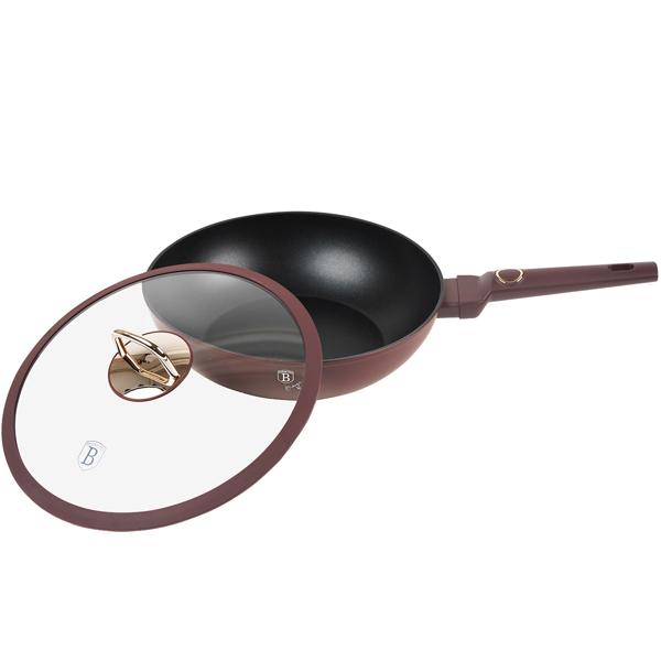 Design Wokpfanne mit Glasdeckel, 28cm, bordeaux: Antihaft, robust & stilvoll kochen, für gesundes & aromatisches Braten