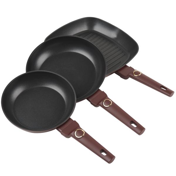 3-teiliges Design Pfannenset (bordeaux) - Bratpfannen 20+24cm, Grillpfanne 28cm - Geschmiedetes Alu, Titan, Soft-Touch - Hochwertig & Robust