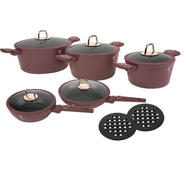 Design Kochset inkl. Untersetzer, Aluminium, 10-teilig, Titan Antihaftbeschichtung, bordeaux, für alle Herdarten geeignet