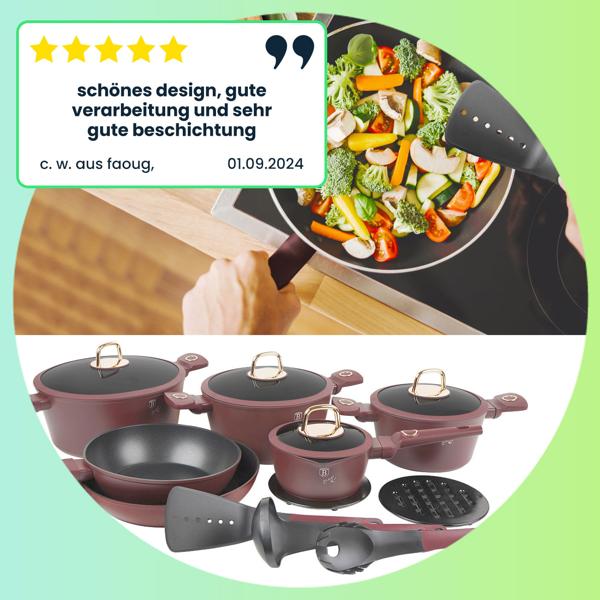 Hochwertiges Design Kochset m. Titanbeschichtung inkl. Kochbesteck, Untersetzer, Glasdeckel, Soft Touch Griffe, 15-teilig, bordeaux
