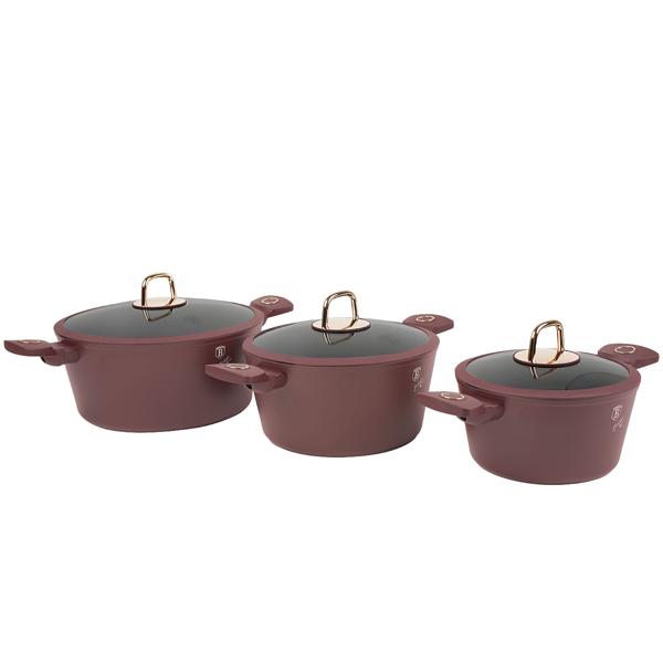 Hochwertiges Design Kochset m. Titanbeschichtung inkl. Kochbesteck, Untersetzer, Glasdeckel, Soft Touch Griffe, 15-teilig, bordeaux