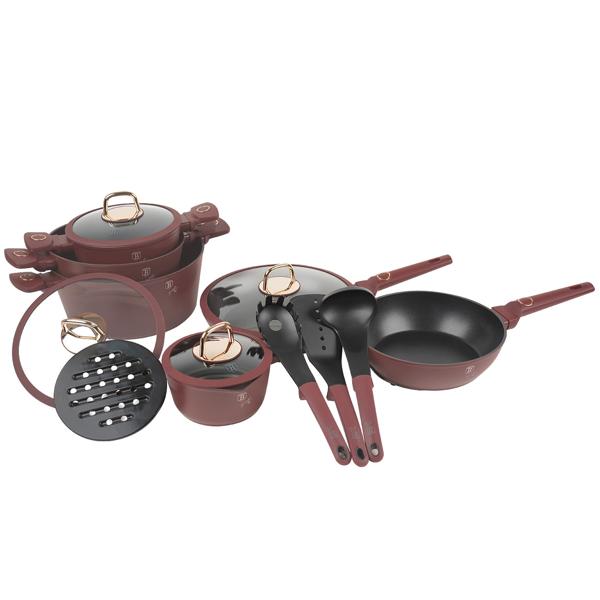 Hochwertiges Design Kochset m. Titanbeschichtung inkl. Kochbesteck, Untersetzer, Glasdeckel, Soft Touch Griffe, 15-teilig, bordeaux