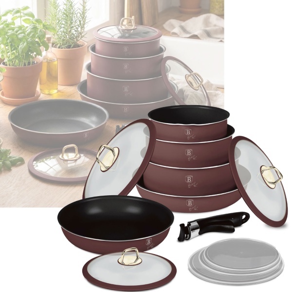 Pfannen-Set (12-tlg.) aus geschmiedetem Aluminium – Bratpfannen & Töpfe mit abnehmbarem Griff, Titanbeschichtung, Glasdeckeln und Smart Lids