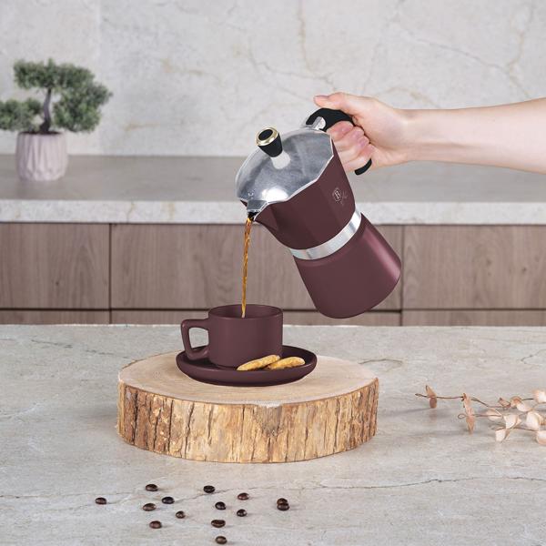 Espressokocher Bordeaux-Matt aus Aluminium - Für 6 Portionen (450ml) - Ergonomischer Soft-Touch-Griff - Geeignet für alle Herde - Rostfrei