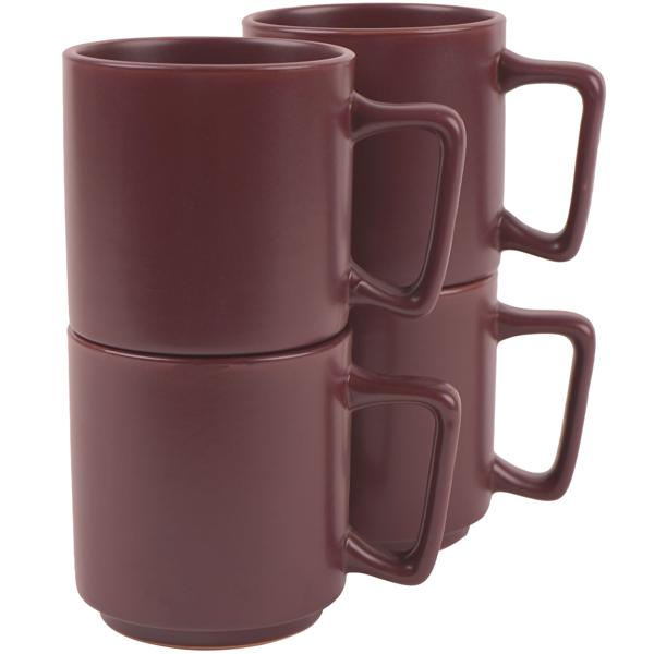 Hochwertiges Steingut Tassen Set (4 Stück, 300ml): Design Tassen in Bordeaux, spülmaschinen- & mikrowellenfest – Stilvolle Kaffeebecher für den Alltag