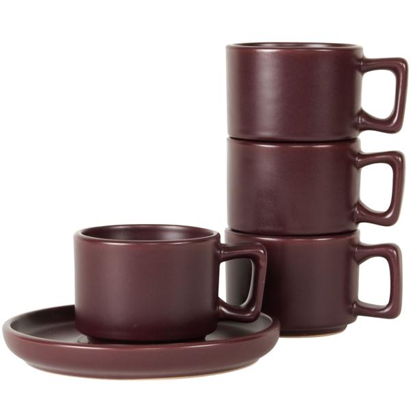 Design Espressotassen-Set 4 Stück bordeaux - Hochwertiges Steingut - Langlebig, stossfest, mikrowellen- & spülmaschinenfest - Inkl. Untertassen