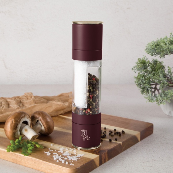 2in1 Salz- & Pfeffermühle: matt bordeaux, Designer Gewürzmühle - Stilvoll & Praktisch – Mahlt Salz & Pfeffer gleichzeitig - Blickfang für jede Küche