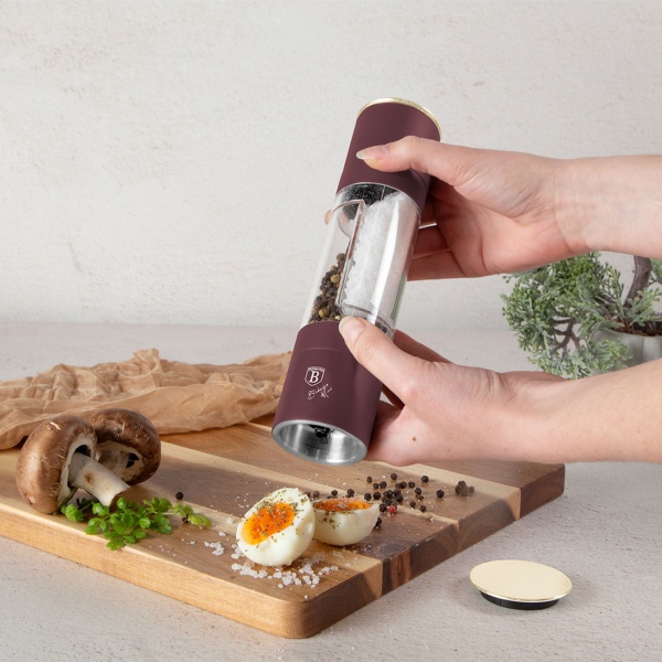 2in1 Salz- & Pfeffermühle: matt bordeaux, Designer Gewürzmühle - Stilvoll & Praktisch – Mahlt Salz & Pfeffer gleichzeitig - Blickfang für jede Küche