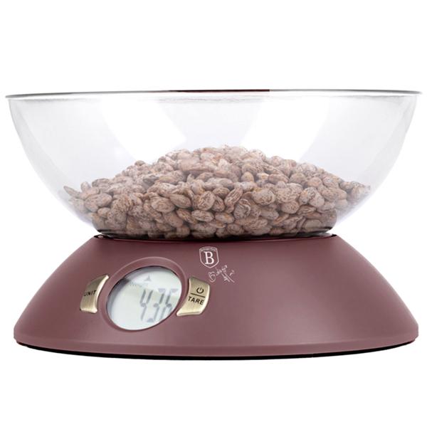 Moderne Design Küchenwaage mit Schüssel, bordeaux, max 5 kg, gramm-genau, inkl. Batterien - Exklusiv & langlebig