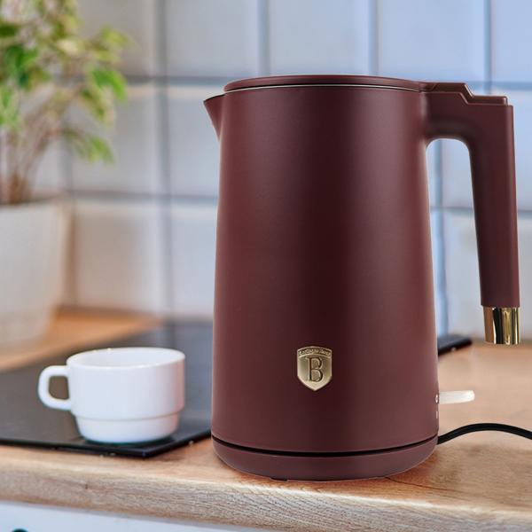 Design Wasserkocher - Doppelwandig & 360° drehbar - 1,7L Volumen - 1800W Leistung - Bordeaux - Edelstahl (18/10) - Warmhaltefunktion - Kabellos