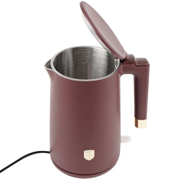 Design Wasserkocher - Doppelwandig & 360° drehbar - 1,7L Volumen - 1800W Leistung - Bordeaux - Edelstahl (18/10) - Warmhaltefunktion - Kabellos