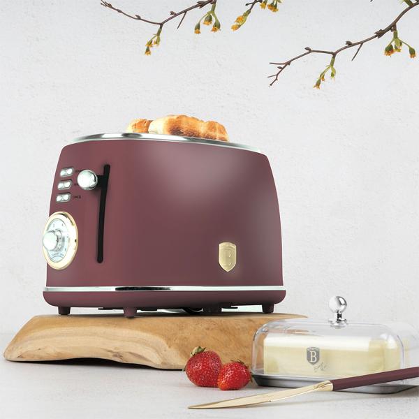 Edler Aluminium Design Toaster, bordeaux matt, starke 850W – 6 Röststufen, nostalgischer Look, hochwertiger Frühstücks-Toaster
