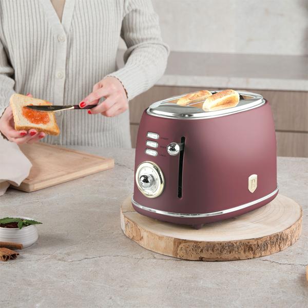 Edler Aluminium Design Toaster, bordeaux matt, starke 850W – 6 Röststufen, nostalgischer Look, hochwertiger Frühstücks-Toaster
