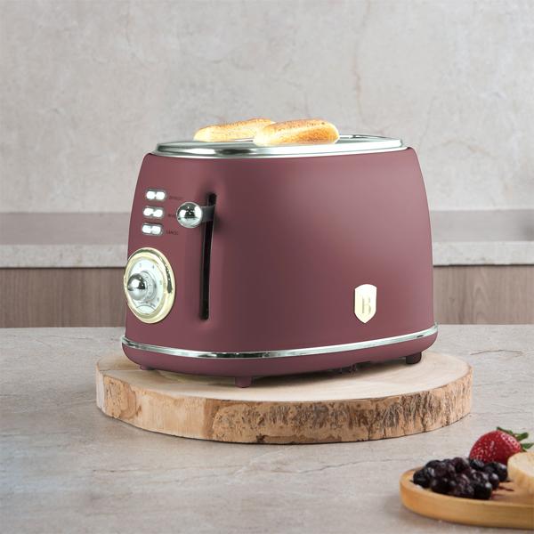 Edler Aluminium Design Toaster, bordeaux matt, starke 850W – 6 Röststufen, nostalgischer Look, hochwertiger Frühstücks-Toaster