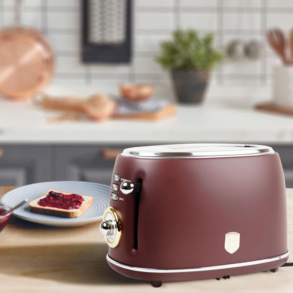 Edler Aluminium Design Toaster, bordeaux matt, starke 850W – 6 Röststufen, nostalgischer Look, hochwertiger Frühstücks-Toaster