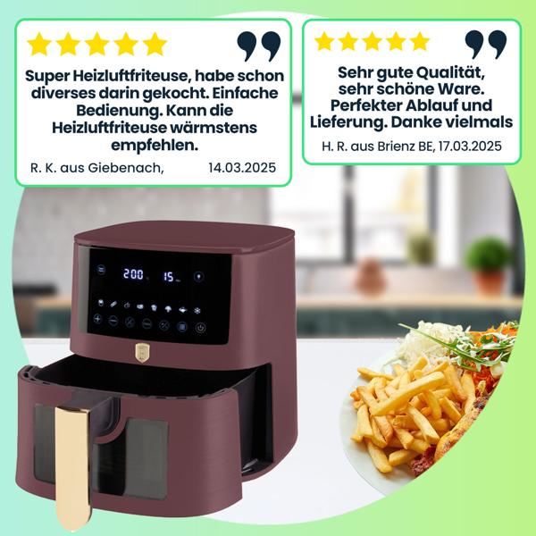 Heissluftfritteuse mit 8 Kochprogrammen–Air Fryer, 5L, bordeaux, mit Warmhaltefunktion, fettarmes Frittieren, trendiges Design, knusprige Ergebnisse