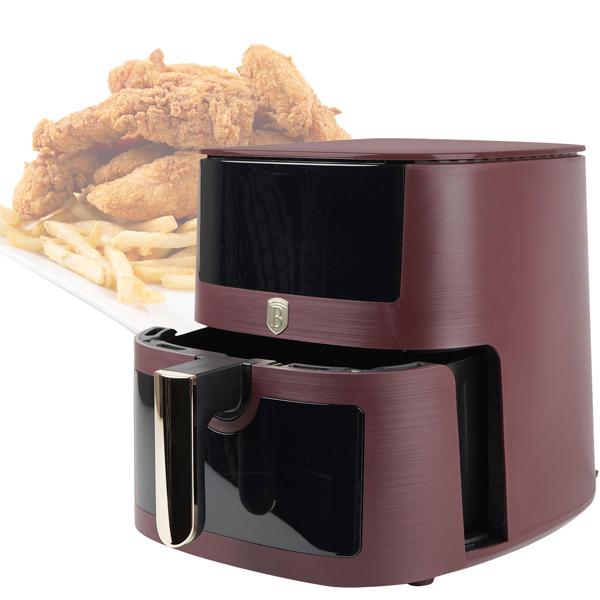 Moderne Heissluftfritteuse 8L mit Sichtfenster – Air Fryer mit 8 Programmen, Timer & Touch-Display – Stilvolles Bordeaux-Design