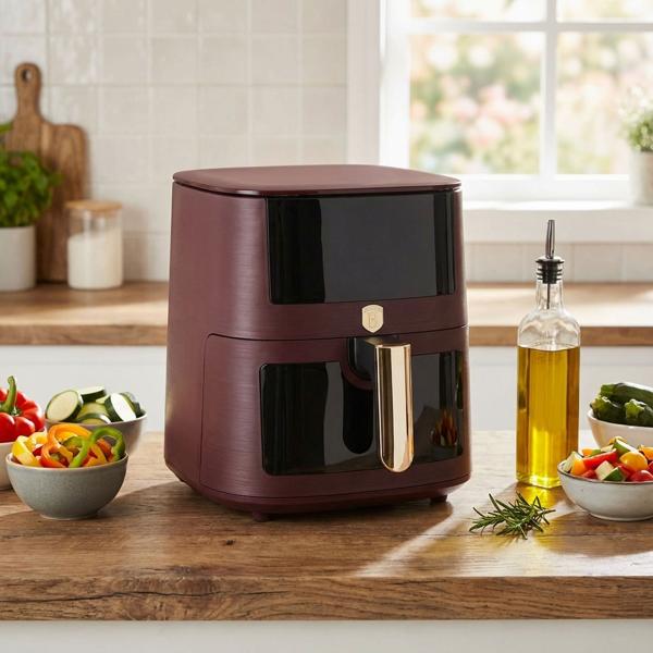 Moderne Heissluftfritteuse 8L mit Sichtfenster – Air Fryer mit 8 Programmen, Timer & Touch-Display – Stilvolles Bordeaux-Design