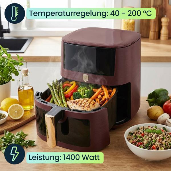Moderne Heissluftfritteuse 8L mit Sichtfenster – Air Fryer mit 8 Programmen, Timer & Touch-Display – Stilvolles Bordeaux-Design