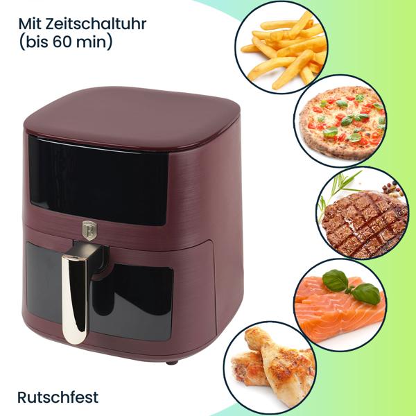 Moderne Heissluftfritteuse 8L mit Sichtfenster – Air Fryer mit 8 Programmen, Timer & Touch-Display – Stilvolles Bordeaux-Design