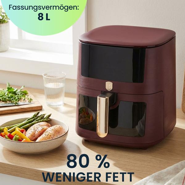 Moderne Heissluftfritteuse 8L mit Sichtfenster – Air Fryer mit 8 Programmen, Timer & Touch-Display – Stilvolles Bordeaux-Design