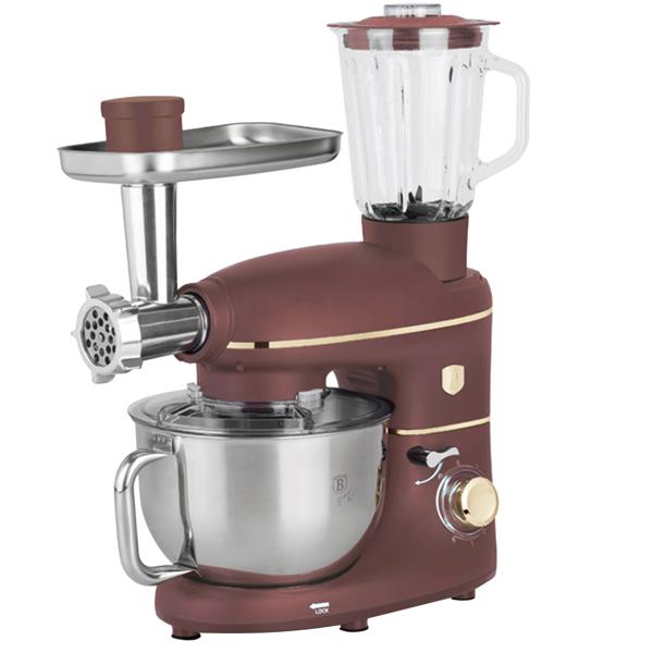 Vintage Küchenmaschine, robustes Getriebe, 5,5 l Edelstahlschüssel inkl. Fleischwolf, Wurstfüller, Smoothie & Pasta-Aufsätze, 1500W, bordeaux