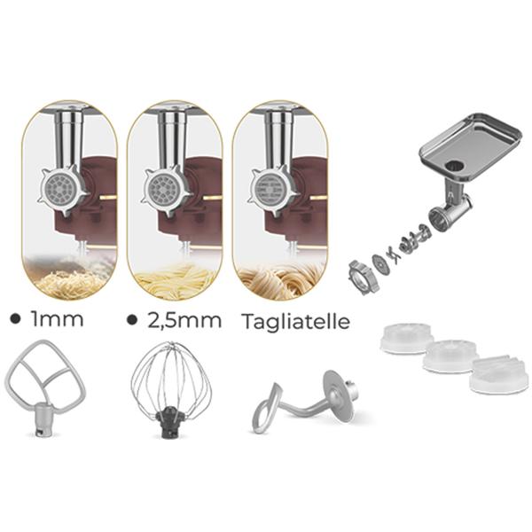 Vintage Küchenmaschine, robustes Getriebe, 5,5 l Edelstahlschüssel inkl. Fleischwolf, Wurstfüller, Smoothie & Pasta-Aufsätze, 1500W, bordeaux