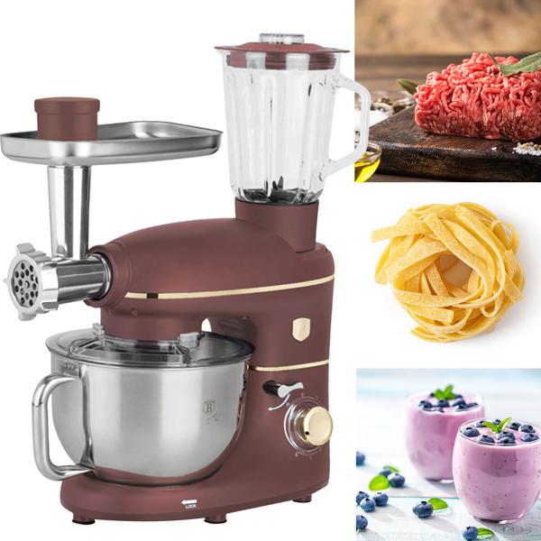 Vintage Küchenmaschine, robustes Getriebe, 5,5 l Edelstahlschüssel inkl. Fleischwolf, Wurstfüller, Smoothie & Pasta-Aufsätze, 1500W, bordeaux