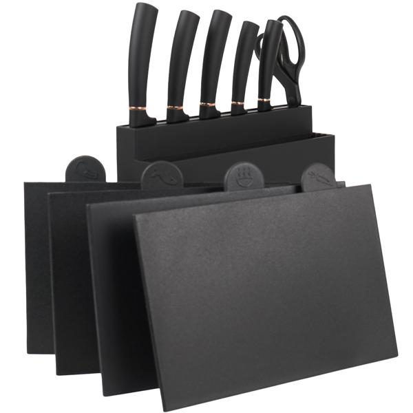 Elegantes Design Messerset 11-teilig, edles Schwarz-Roségold - inkl. Messerblock, Schneidebretter & Schere - Ein echter Hingucker in der Küche